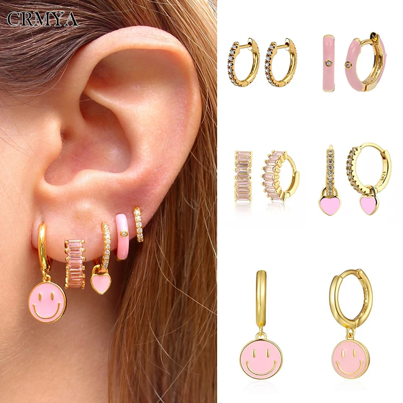 Купи CRMYA Copper Gold Plated Hoop Drop Earrings For Women Pink Zircon Dripping Oil Smiley Dangle Earrings Set 2022 Jewelry Wholesale за 152 рублей в магазине AliExpress