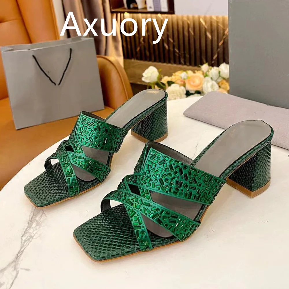 2023 Women's high heels Slippers Shoe fashion Diamond embellishments Luxury Design Diamond Inlay Genuine Leather thick heel