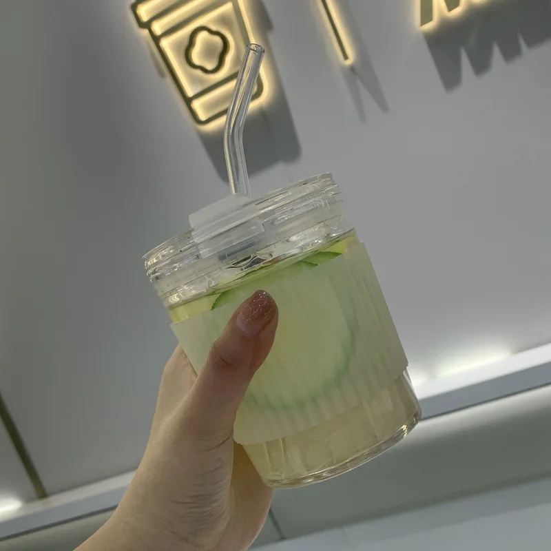 

Модная стеклянная соломенная чашка, портативный стакан для молока и кофе с крышкой, чашки с крышками и соломинкой