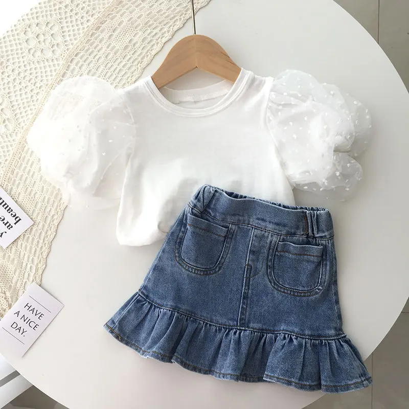 

Sets Shirts Skirt A-line Above Knee Length Elastic Waist O-neck Collar Short Sleeve Regular Length Summer Children Girls