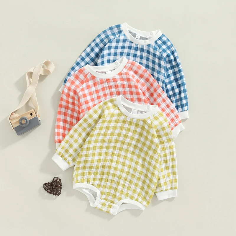 

Newborn Baby Romper Casual Simple Style Snap Closure Plaid Jumpsuits Autumn Spring Round Neck Long Sleeve Boys Girls Clothing