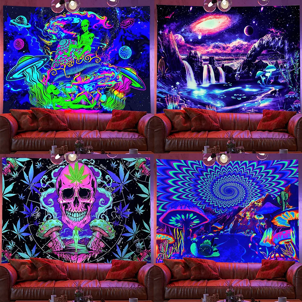 

Blacklight Tapestry Wall Hanging Skull Butterfly Mushroom UV Reactive Neon Trippy Aesthetic Cloth Home Bedroom Room Decor Tapiz