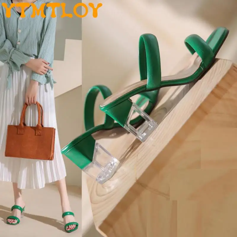 

Outer Wear Slippers Women's Thick Heel Sandals Middle Heel 2022 New Summer Fairy Style Word With Crystal Transparent High Heels