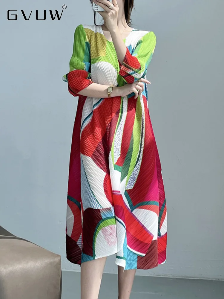 

Плиссированное Платье GVUW с принтом для женщин, с круглым вырезом и рукавом три четверти, Новинка лета 2023, женская модная одежда контрастных цветов, 17J1684