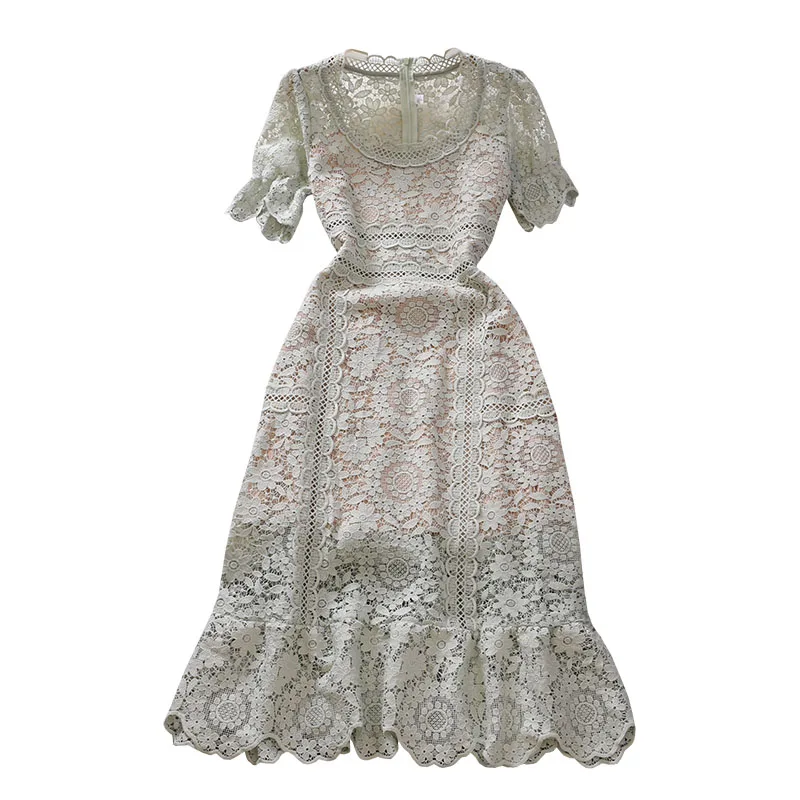 Runway Embroidery Dress Summer Solid Lace High Waist Woman Dresses for Women Elegant Luxury Party Boho Long Sleeve A-Line 2022