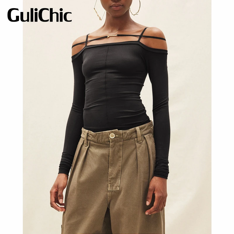 

8.20 GuliChic Women Slash Neck Suspender Long Sleeve Slim Temperament Sexy T-Shirt