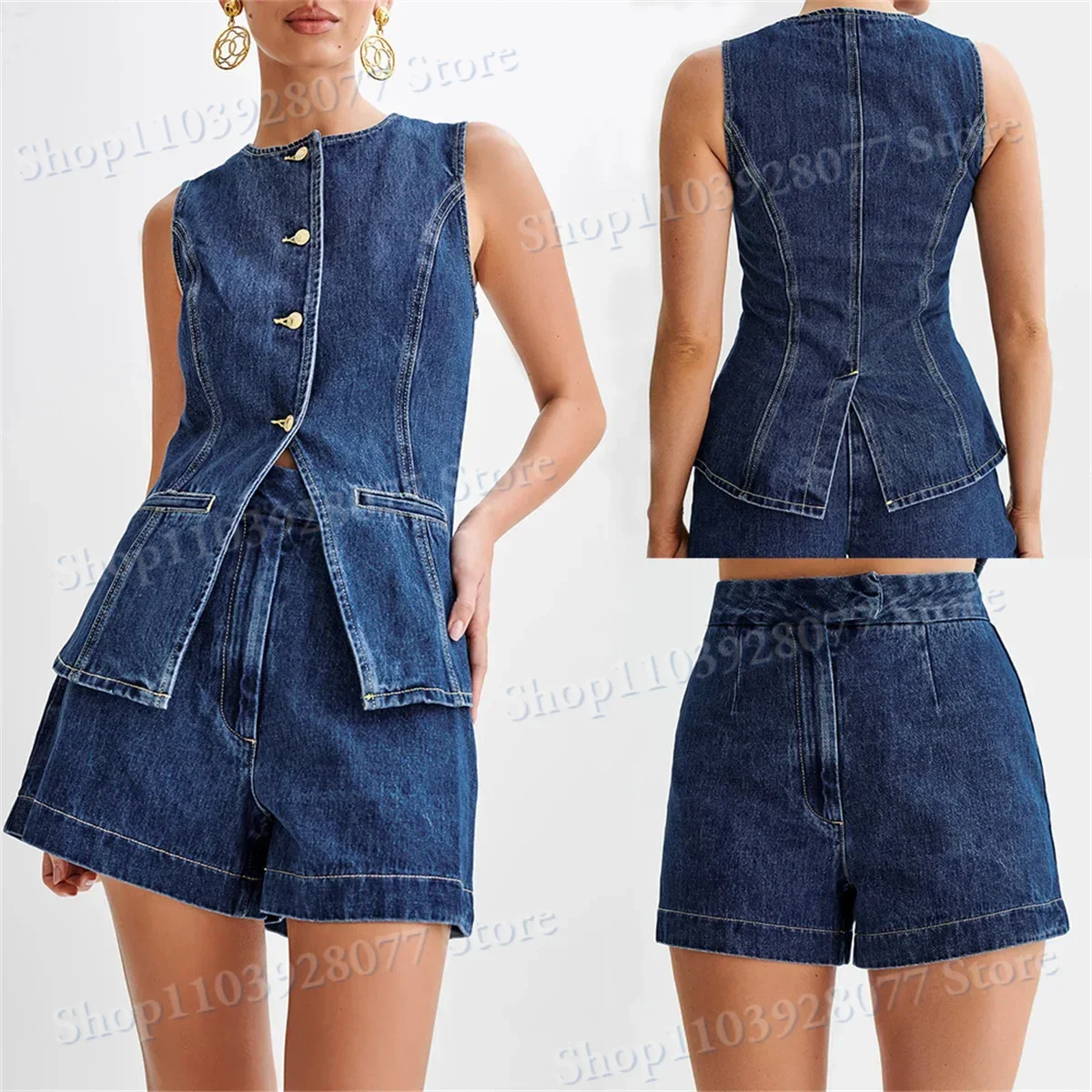 Женский джинсовый костюм без рукавов повседневный комплект из двух предметов с