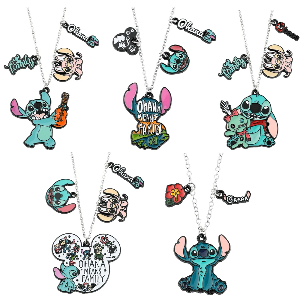 

Lilo and Stitch Necklace Ohana Means Family Enamel Pendant Neck Chains Cartoon Cute Stitch Necklaces for Women Fashion Jewelry
