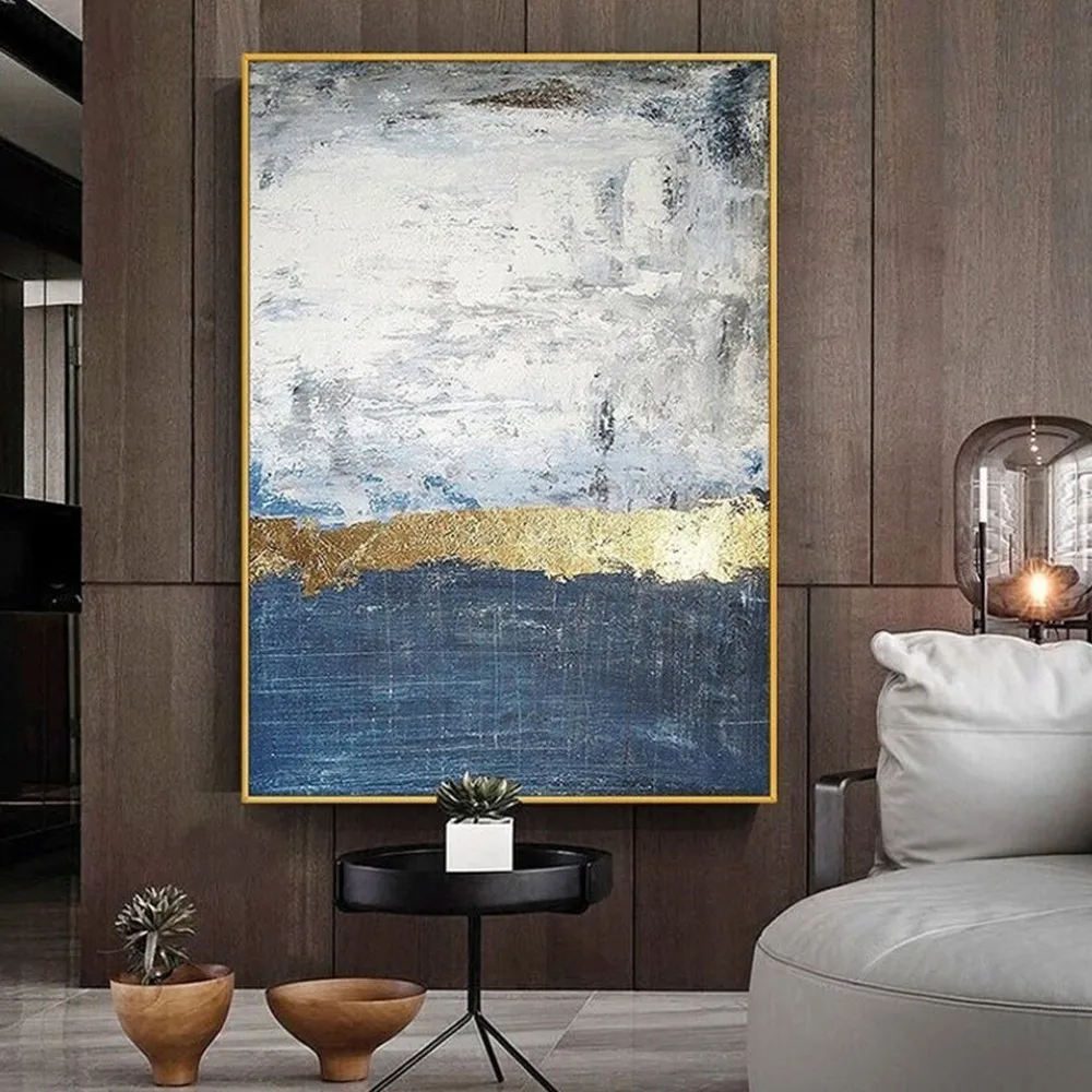 

Абстрактная оригинальная темно-синяя Золотая белая масляная живопись на холсте Декоративная роспись Акриловая подвесная для гостиной спа...