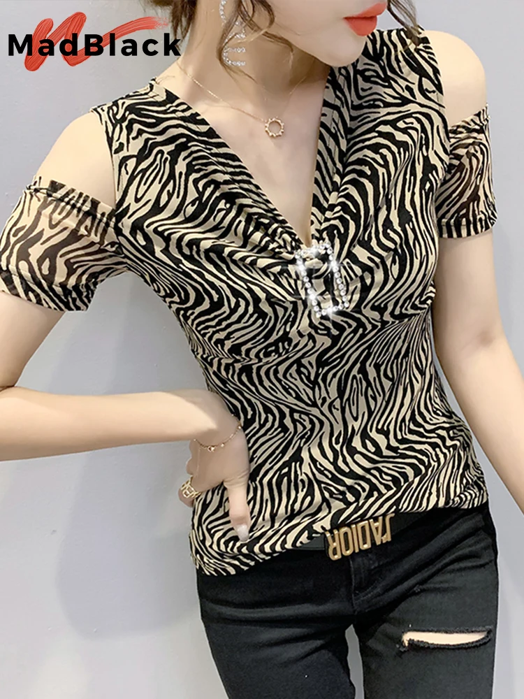 Летняя Корейская одежда, сетчатый пуловер, футболка, сексуальный модный принт с открытыми плечами, женские топы со стразами, футболки с коротким рукавом 2022 T14715A