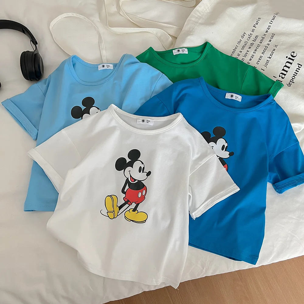 

2023 Summer Boys Girls Short Sleeve T-shirt Cartoon Mickey Mouse Print Children's Clothing for 2-13 Years Kids White Blue Tees