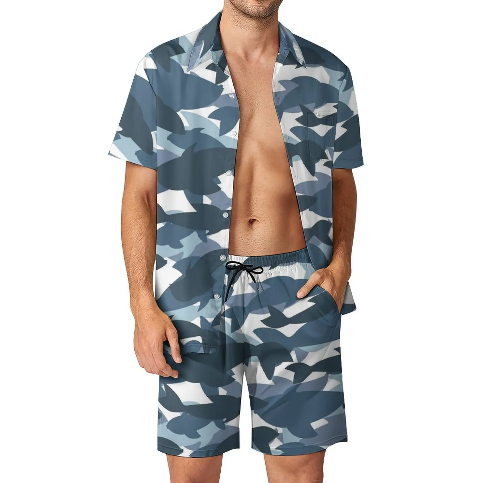 

Shark Art Beach Men Sets Camouflage Sharks Casual Shirt Set Summer Custom Shorts Two-piece Hawaii Suit Plus Size