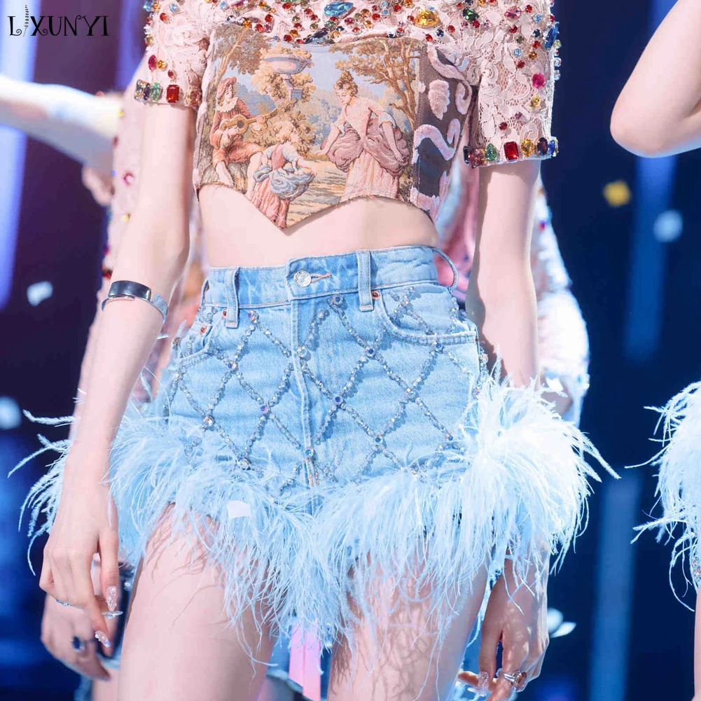 Women Denim Shorts with Feather Trim Diamonds Patchwork Solid Sexy Party Runway Fashion Blue Short Jeans Female Streetwear