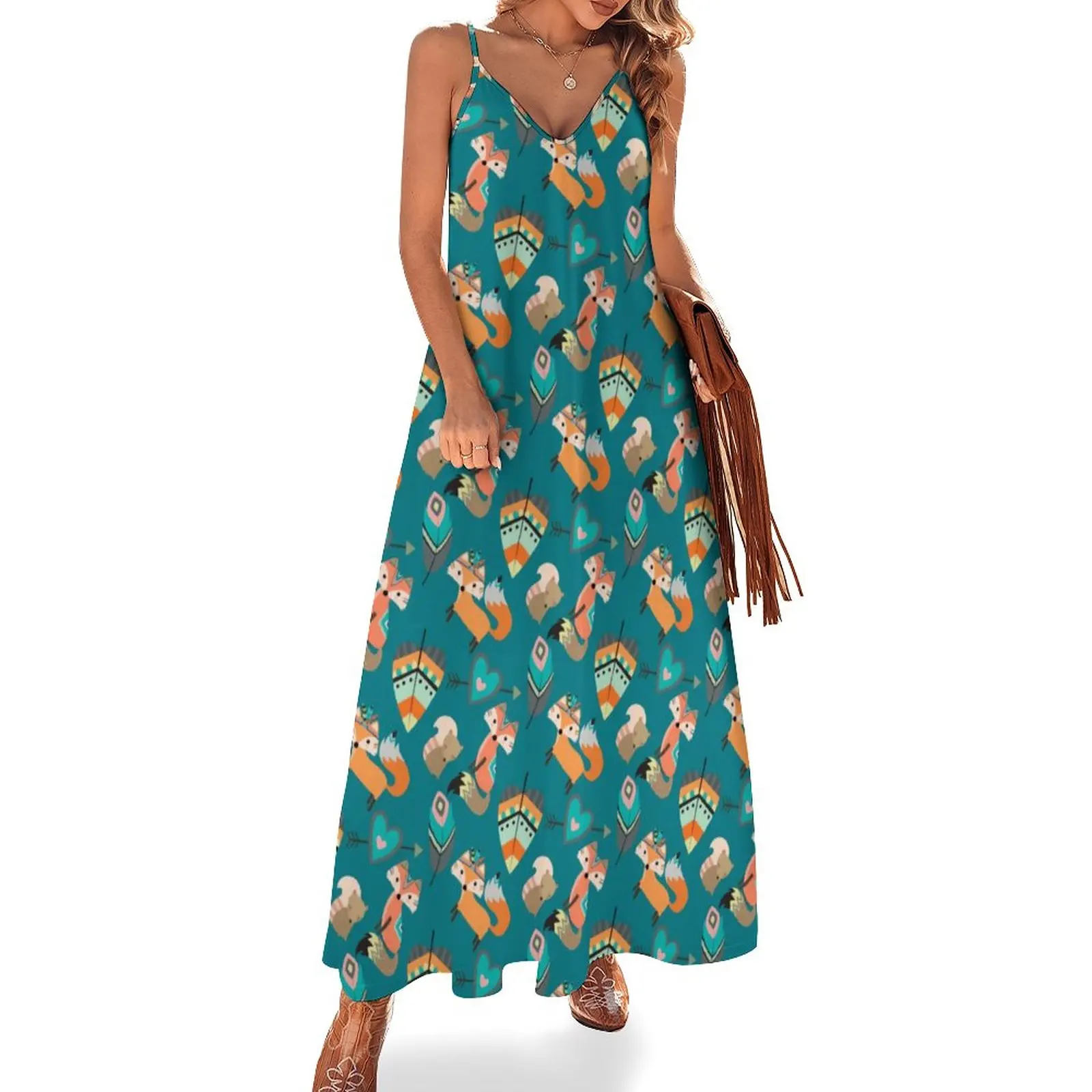 

Teal Tribal Fox Dress Retro Animal Print Kawaii Maxi Dress V Neck Bohemia Long Dresses Strap Street Fashion Oversized Vestidos