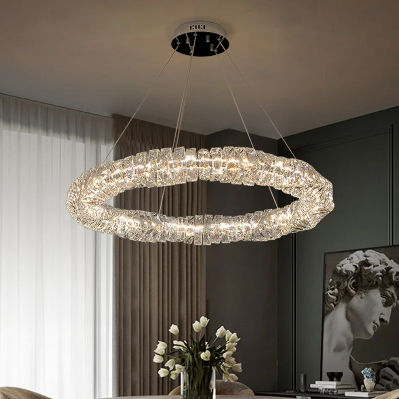 

Living Room Modern Remote Control Dimmable Pendant Lights Lustre K9 Crystal Pendant Lamp Luxury Round Steel Led Luminarias Lamp
