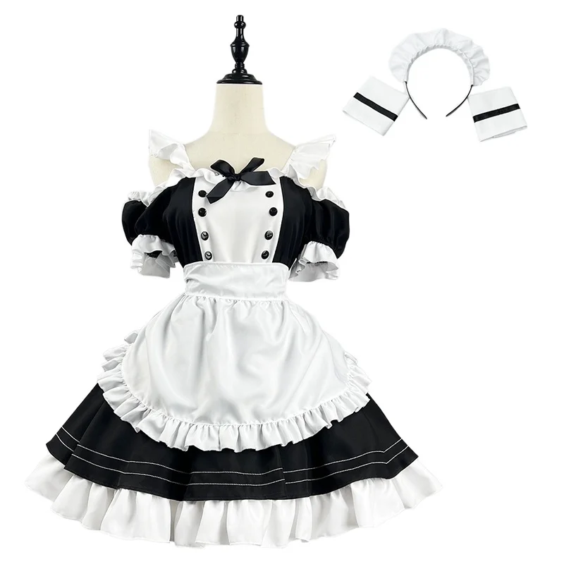 

Maid Dress Cute Bow Black White Lolita Cosplay Costume Women Sweet Cat Maid's Outfit Suspenders Dresses Anime Role Play Lolita