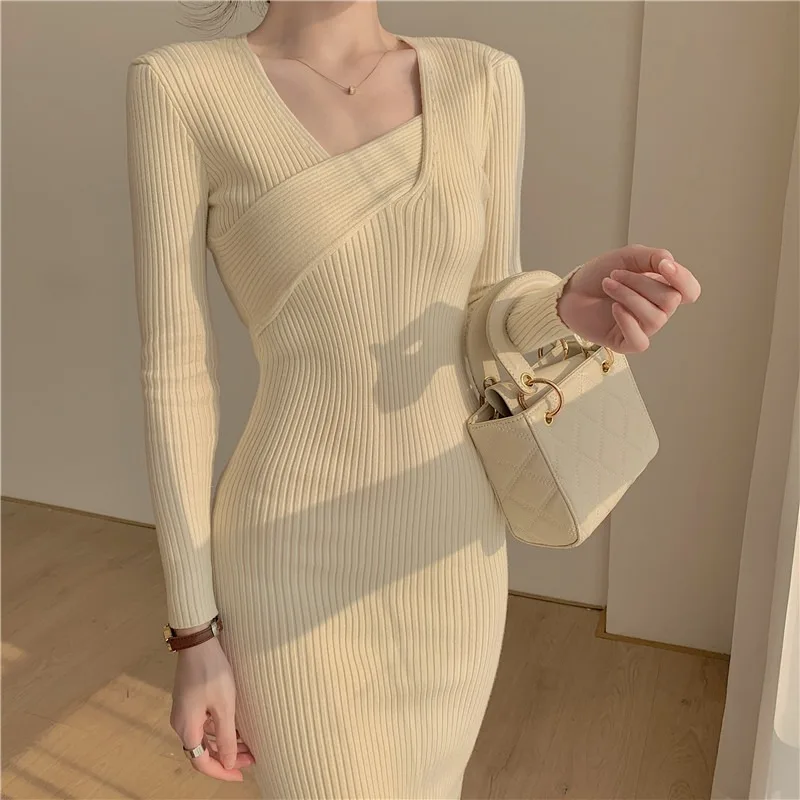 

WDMSNA Vintage Knitted Dresses for Women Long Sleeve Sweater Elegant Party Female Office Lady Slim One-Piece Dress Korean Autumn