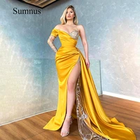 yellow ruched satin one sleeve prom dresses sequins beading v neck luxury evening gown high split sexy prom dress sweep train