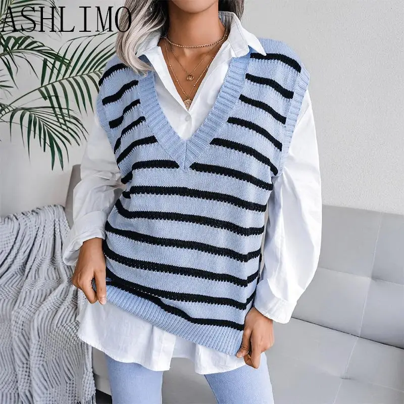 

Женский вязаный свитер в полоску, короткий свободный винтажный пуловер без рукавов с V-образным вырезом, верхняя одежда, весна-осень 2022