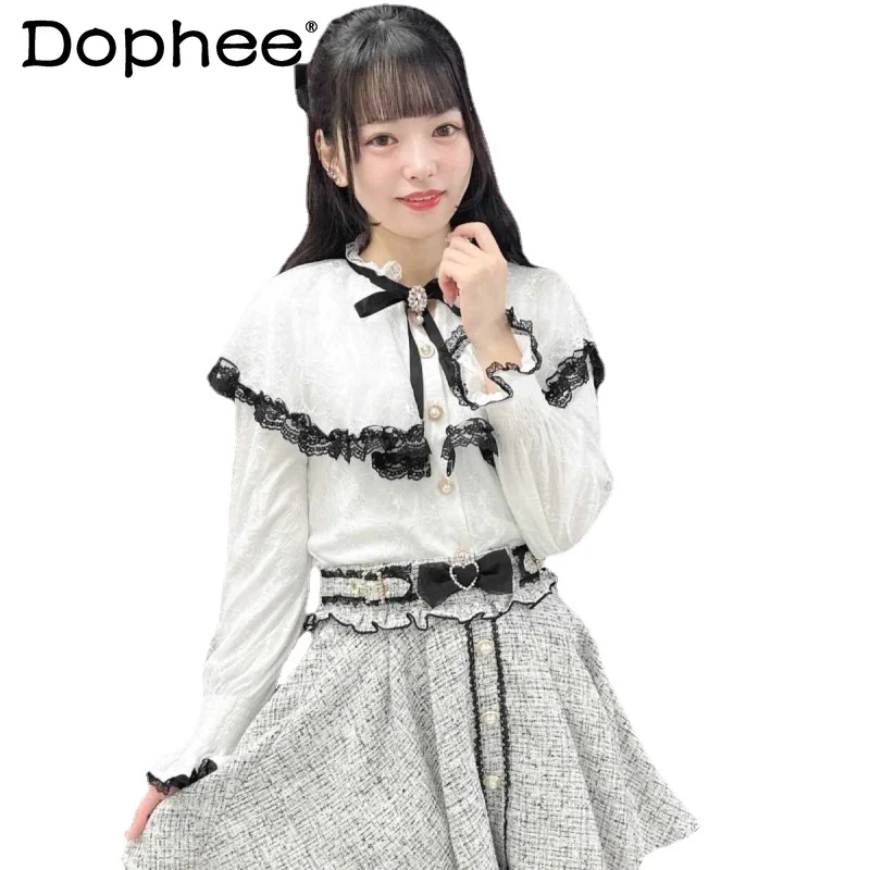 

Новинка 2023, японская блузка Rojita с длинным рукавом, Женская кружевная накидка в стиле "Лолита Мина", с рукавом-колокольчиком и бантом из ленты