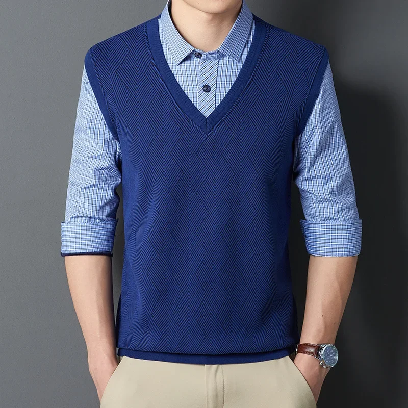 Men's Two-Piece Illusion Sweater Set Long Sleeve Pullover Shirt Collar Middle-Aged And Elderly Warm Fleece-Lined Thickened Knitt