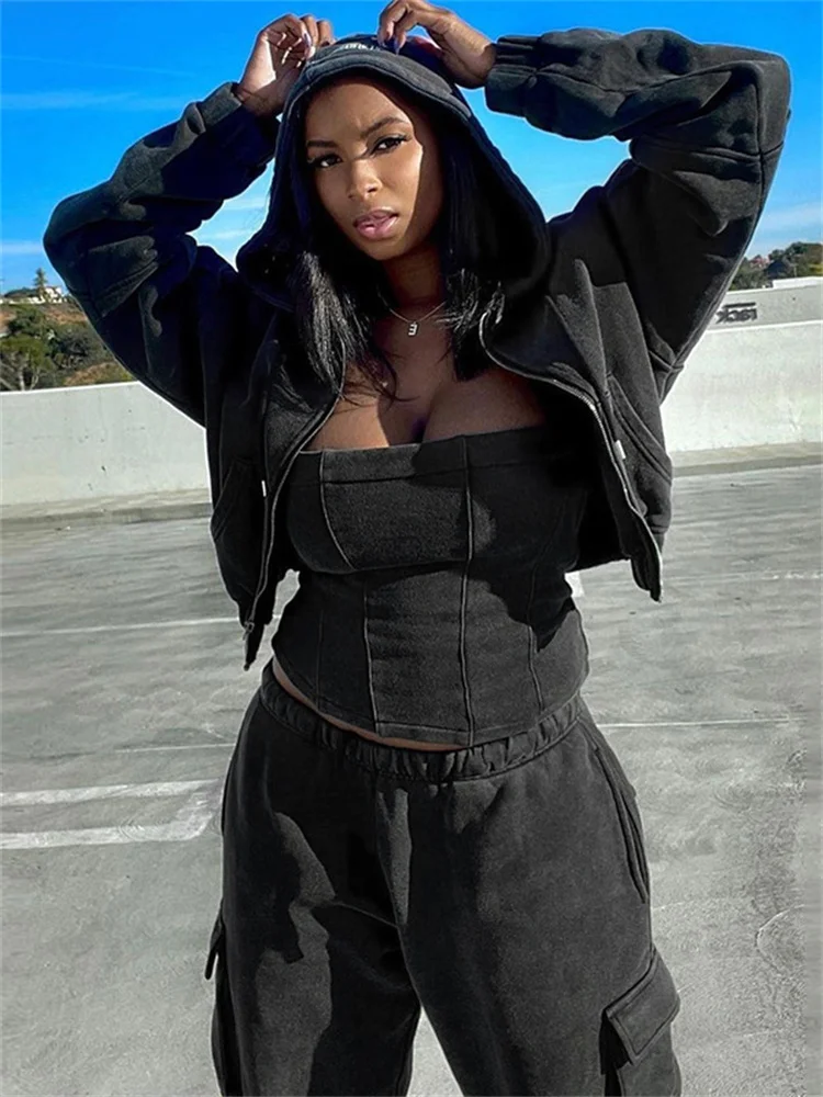 

Gothic Street Style Sports Sexy Corset Slim Top Harajuku Retro Tube Top Overalls Sweatpants Suit 2022 Autumn Women Trousers Suit