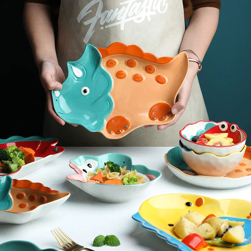 

Cute Cartoon Dinosaur Bowl Ceramic Healthy Tableware Personality Salad Bowl Children's Dishes Snack Plate Dinnerware Dinner Set