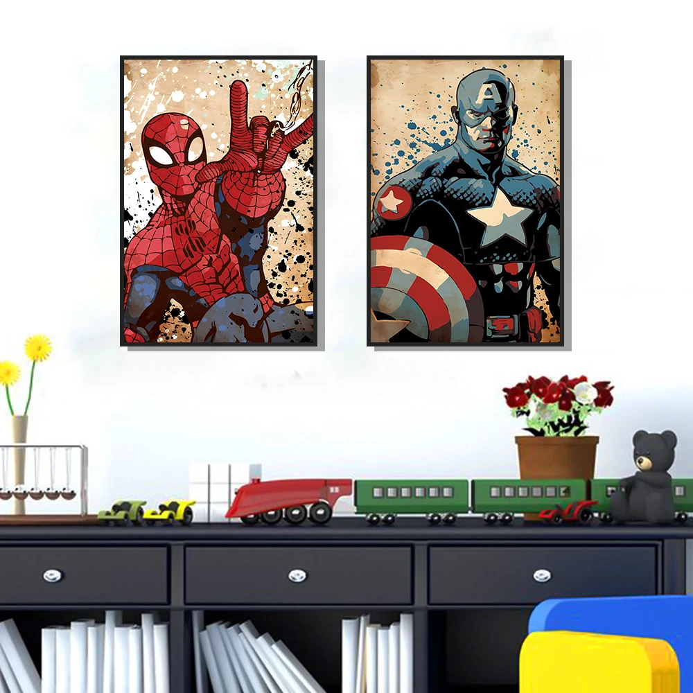 Фото Постер Marvel на холсте: Человек-паук, Железный человек, Бэтмен, Халк. Современный декор для дома без рамы. №2