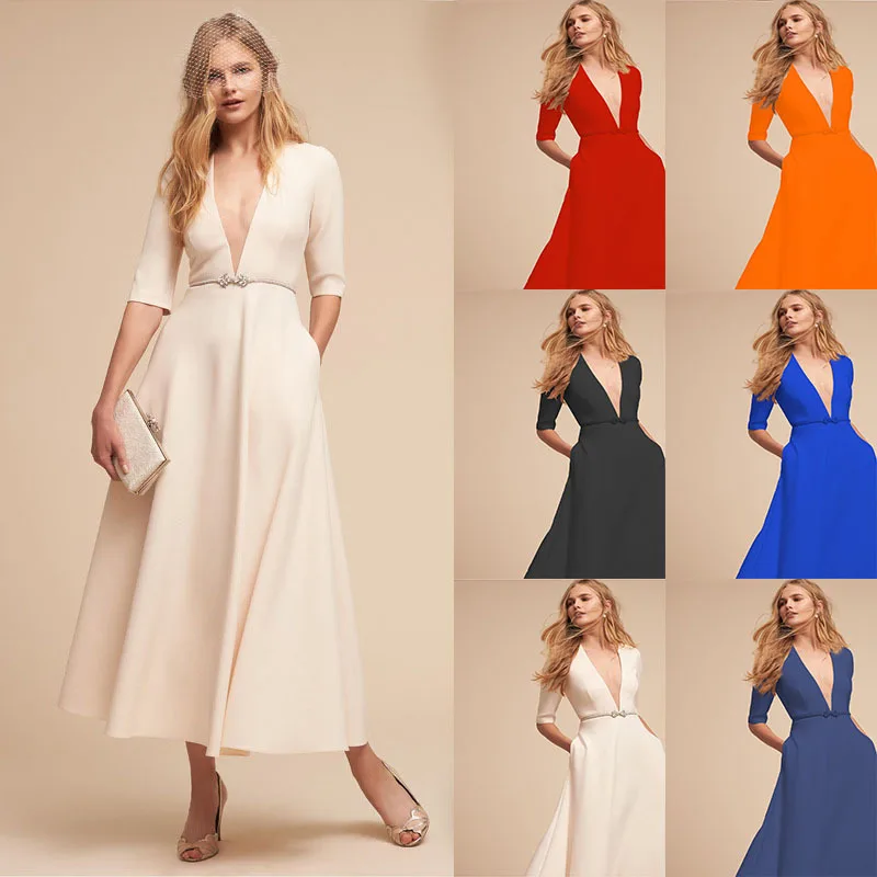 

2023 New Women's Mid sleeved Mid length Dress Sexy V-neck Dress