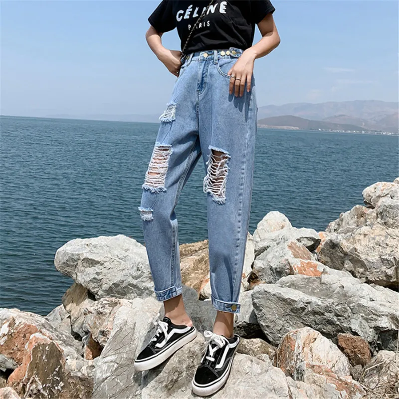 

Summer Vintage Hollow Out Ripped Boyfriend Jeans Women Blue Baggy High Waist Mom Denim Korean Oversize Street Pants Plus Size5XL