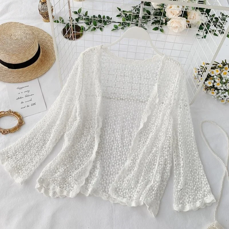 

Кардиган женский Солнцезащитный с длинным рукавом, однотонный сетчатый ажурный топ бикини, верхняя одежда, красный фея, лето 2023