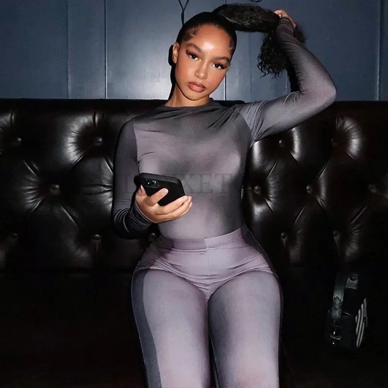 

Женский однотонный вязаный комплект из 2 предметов, Осенний Простой Топ с длинным рукавом и круглым вырезом, облегающие леггинсы, повседнев...