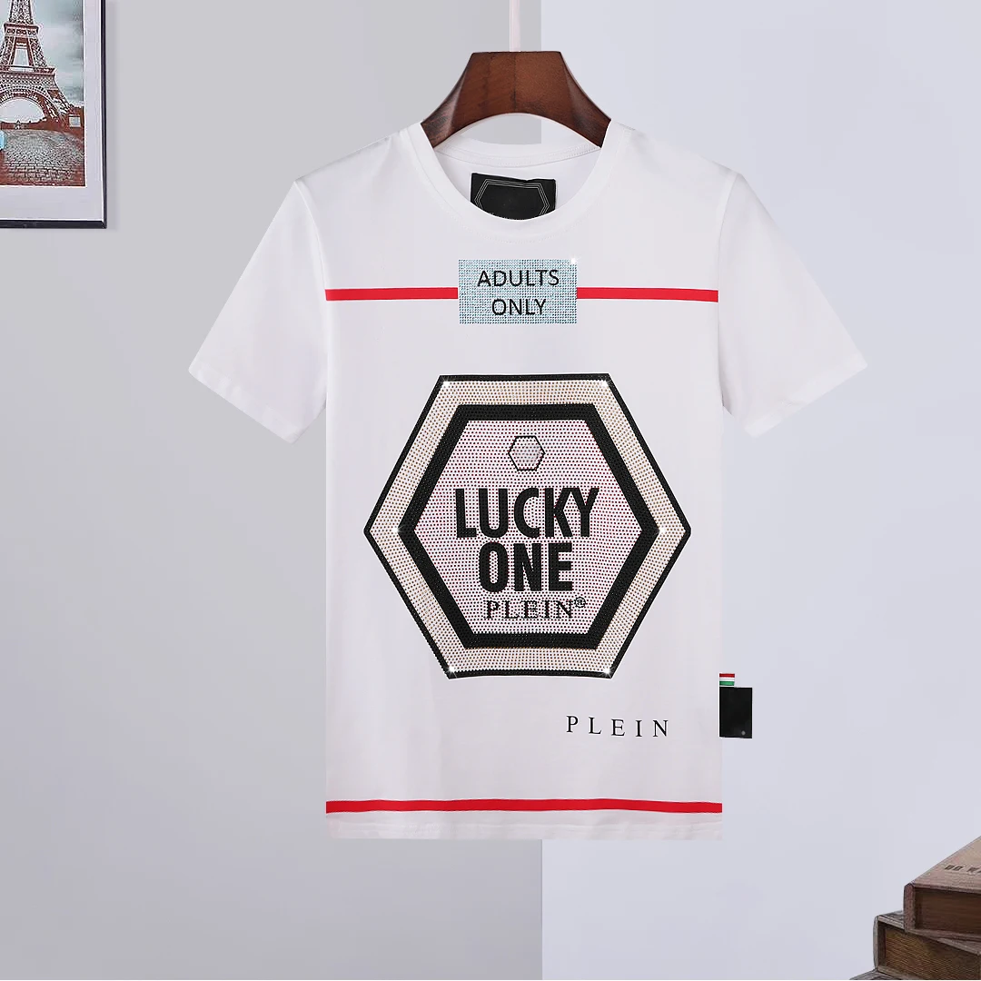 

2022 summer new short sleeved men's pure cotton letter luck one diamond studded top slim fitting T-shirt fashion trend O-Neck