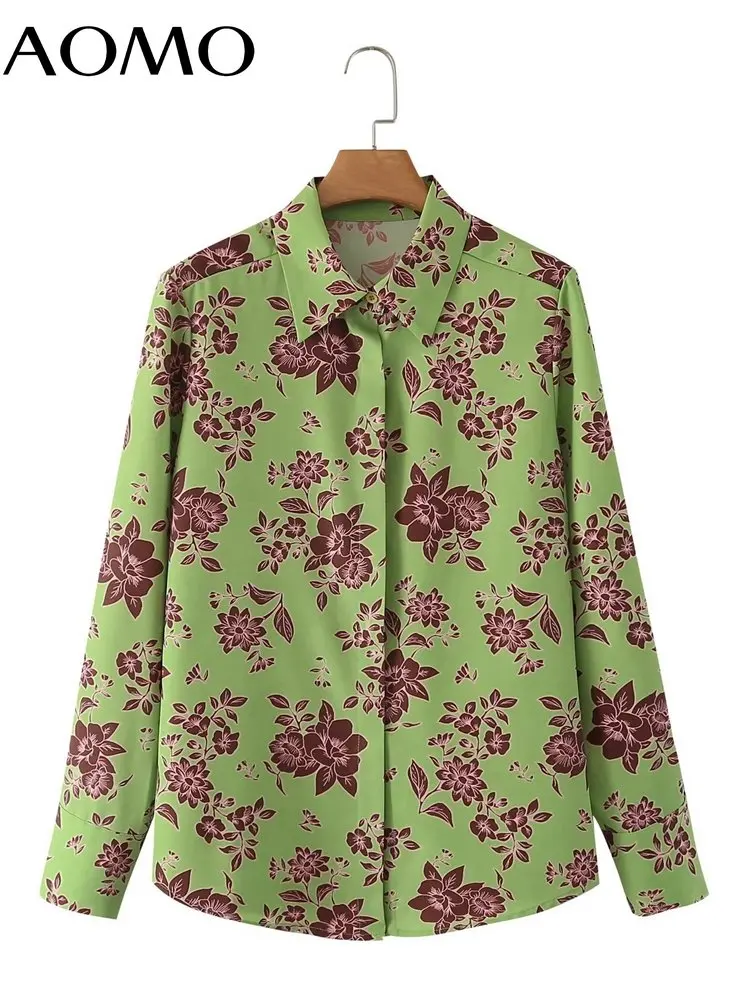 

AOMO Spring Women Green Flowers Blouse Long Sleeve Chic Female Office Lady Shirt Blusas 3F9A