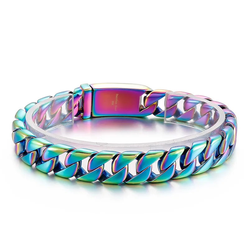 

12mm Punk Rainbow Stainless Steel Cuban Curb Chain Bracelets Men Women Hiphop Retro Matte Blue Fashion Biker Bangle Jewelry