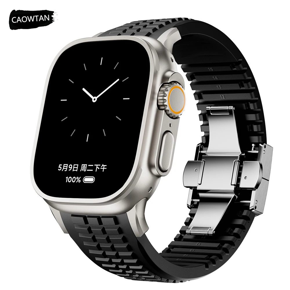 Фото Спортивный силиконовый ремешок для Apple Watch Ultra 2 49 мм 46 мм 45 мм 44 мм Роскошный металлический браслет для iWatch серии 10 9 8 7 6 5 4 Se ремешок №1