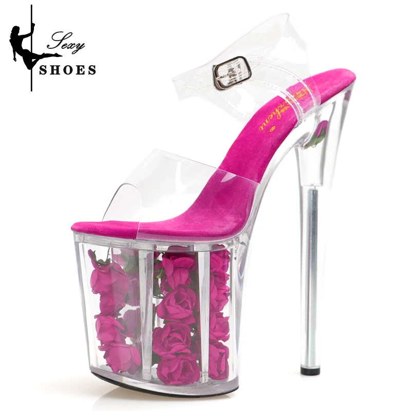 

Clear Heeled Sandals Women Summer Rose Waterproof Platform 20cm/8Inch High Nightclub Stage Sexy Transparent Performance Sandals