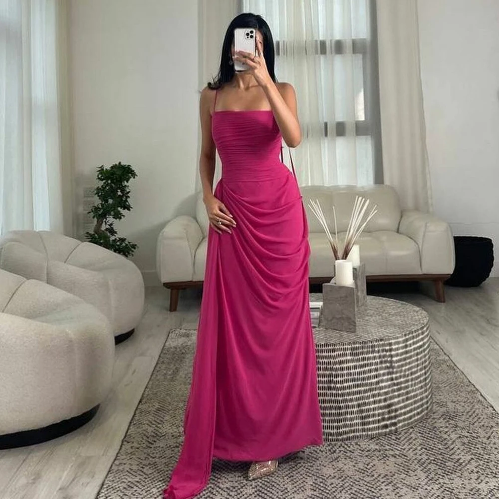 

Simple Spaghetti strap Fuchsia Chiffon Sheath Formal Occasion Prom Dresses Backless Floor-length Women Evening Party Dress