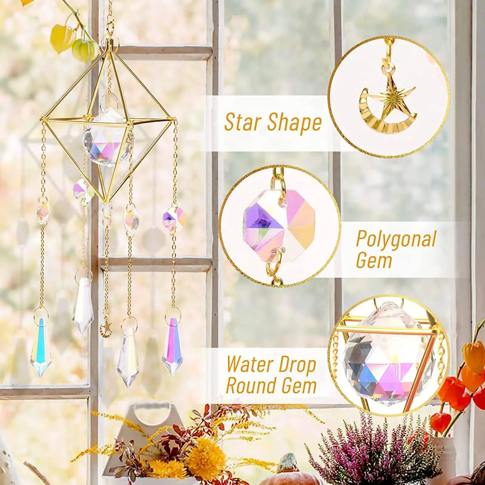 

Colorful Catchers Crystal Pendant Window Wind Chime Rainbow Plated Moon Drop Light Garden Catcher Chaser Star Decor Han K1n6