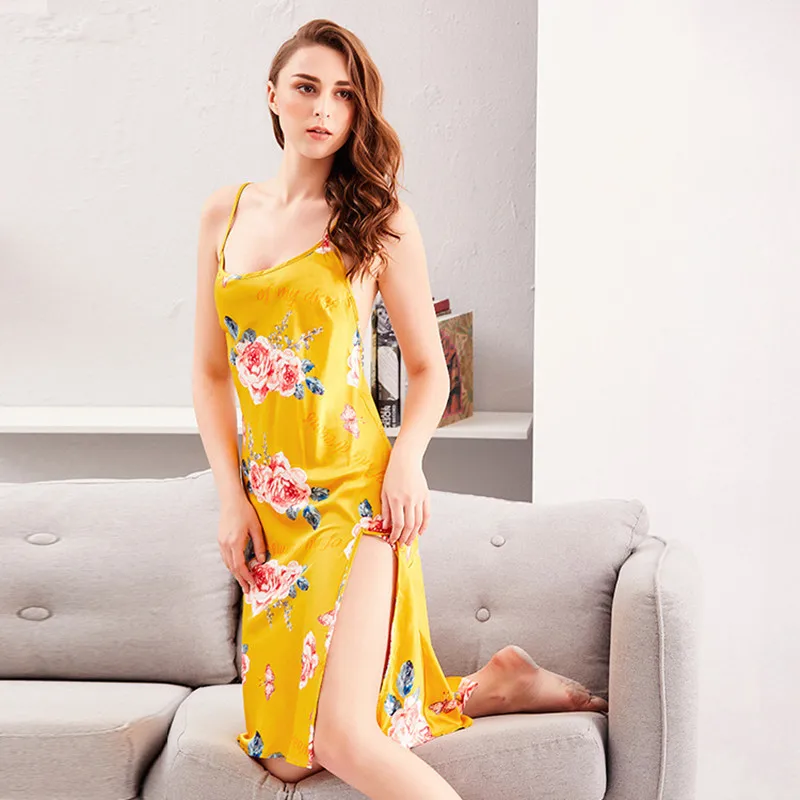 Summer Thin Sexy Nightdress Imitation Silk Mid-length Print Sling Skirt Robe Sets Home Wear Sleep Tops Sleepwear Sexy Lingerie
