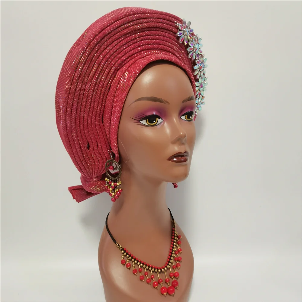 

African Auto Gele Headtie with Drills already Made Nigerian Gele Turban Headwarp with African Beads Necklace Earrings XM603-10