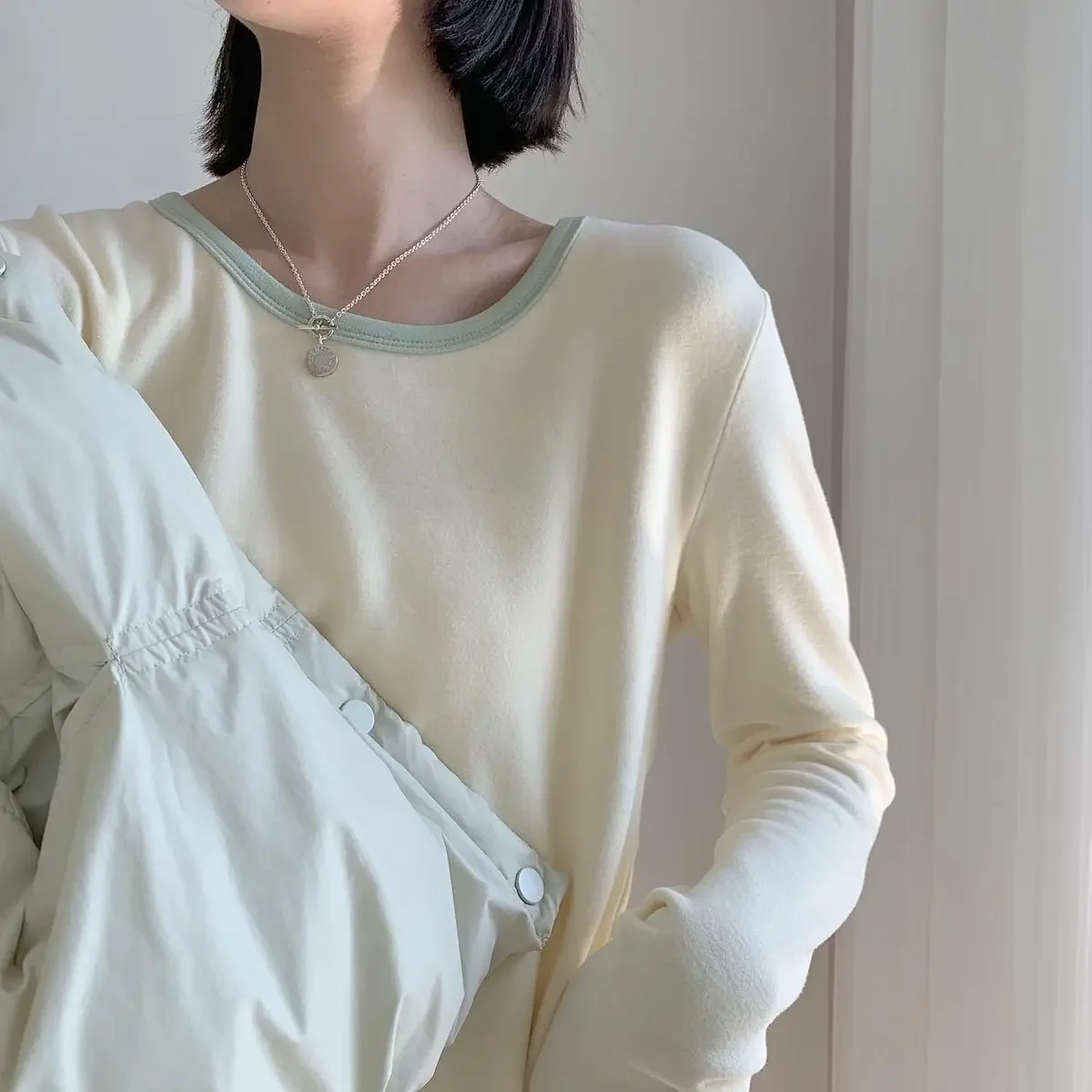 Женская осенне-зимняя утолщенная облегающая Универсальная футболка с круглым