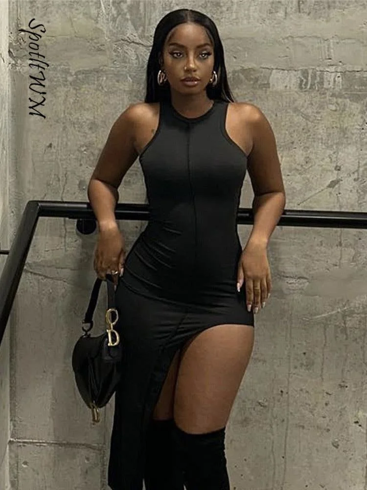 

Women Sexy High Split Irregular Mesh Dress Fashion O-neck Sleeveless Slim Bodycon 2023 Spring Spice Girls Party Clubwear