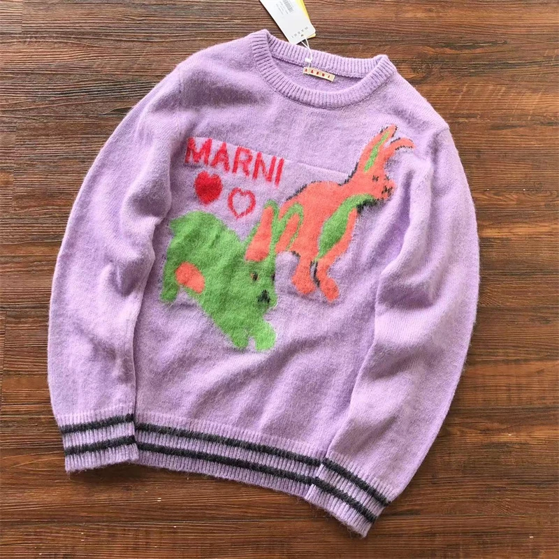 

NEW MARNI Mohair Jacquard Sweater Men Women Round Neck Knit Year Of the Rabbit Exclusive Sweatshirts