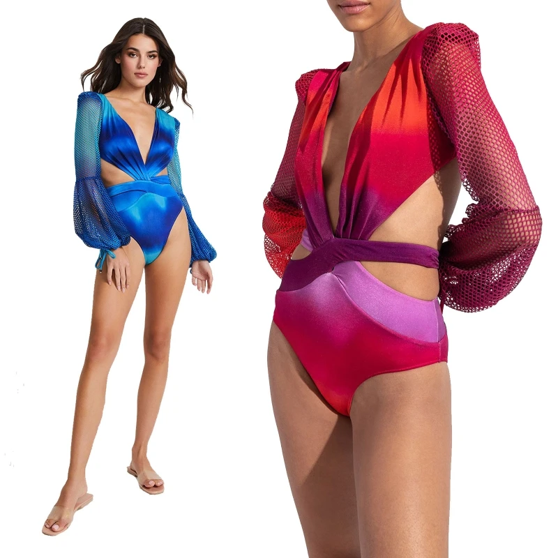

Long Sleeve Rash Guard Women Deep V One Piece Swimsuit Print Swimwear Push Up Swim Suit