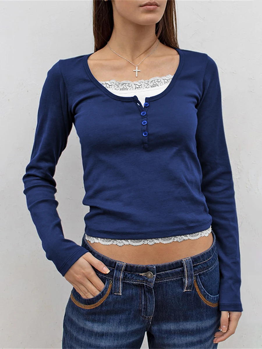 

Women Fake Two-Pieces Crop Tops Lace Patchwork Crew Neck Long Sleeve Buttons Front T-Shirts Harajuku y2k Tees Streetwear