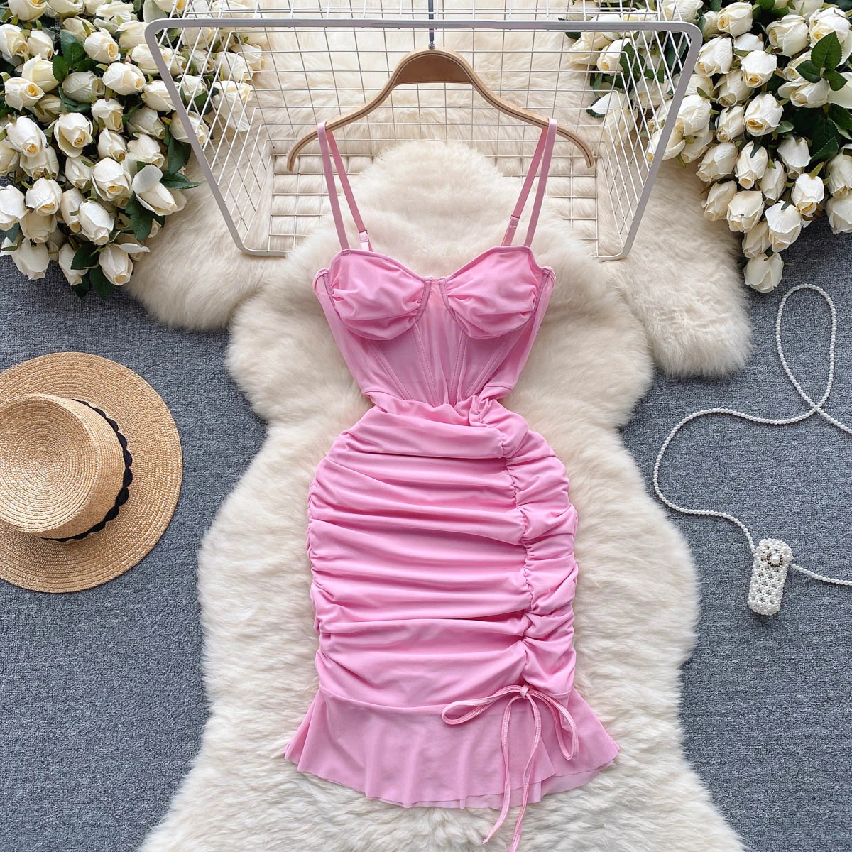 

Clothland Women Sexy Pink Cami Dress Adjustable Straps Drawstring Lace Up Sheath Female Chic Mini Dresses Vestido QD110