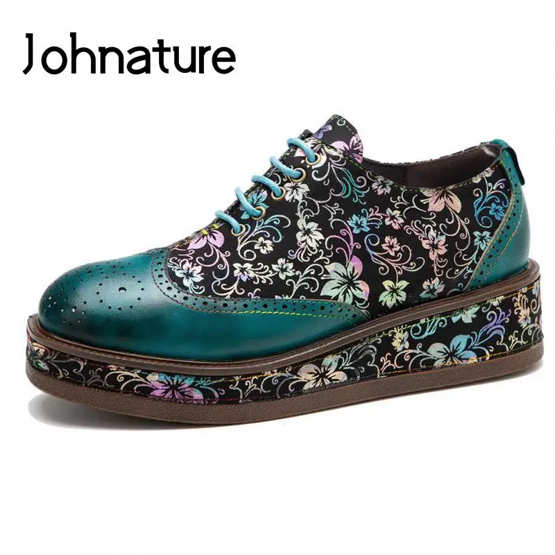 

Женские туфли ручной работы Johnature, из натуральной кожи, на плоской платформе, с круглым носком, на толстой подошве, с цветочным принтом, в сти...