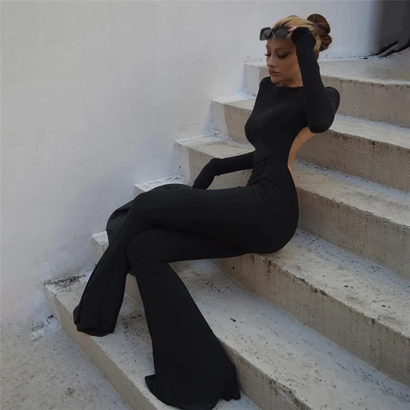 Summer Y2K Solid Black Basic Bodysuit For Women Fashion Long Sleeves Halter Backless Flare Pants Simple Casual Streetwear