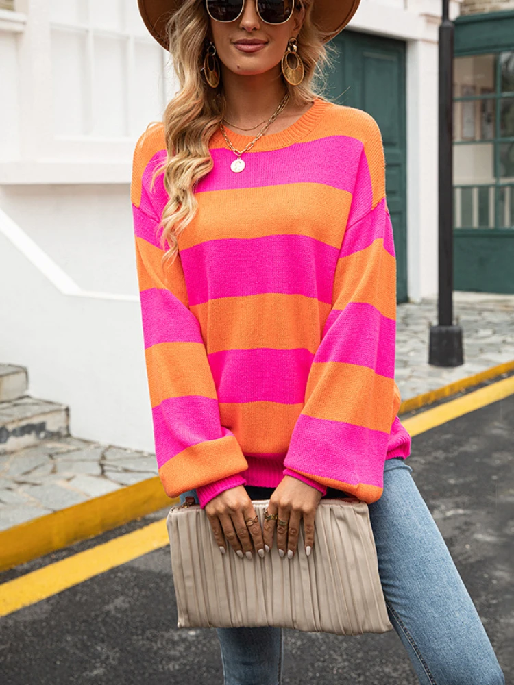 

Autumn Winter Pullover Knitted Sweater Women's Splicing Stripe Round Neck Bottoming Shirt Urban Casual Loose Top Woman Sweaters